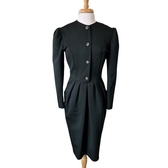 Vintage 80s Caron Chicago Black Dress Women’s 8 Rhinestone Buttons - Picture 1 of 6